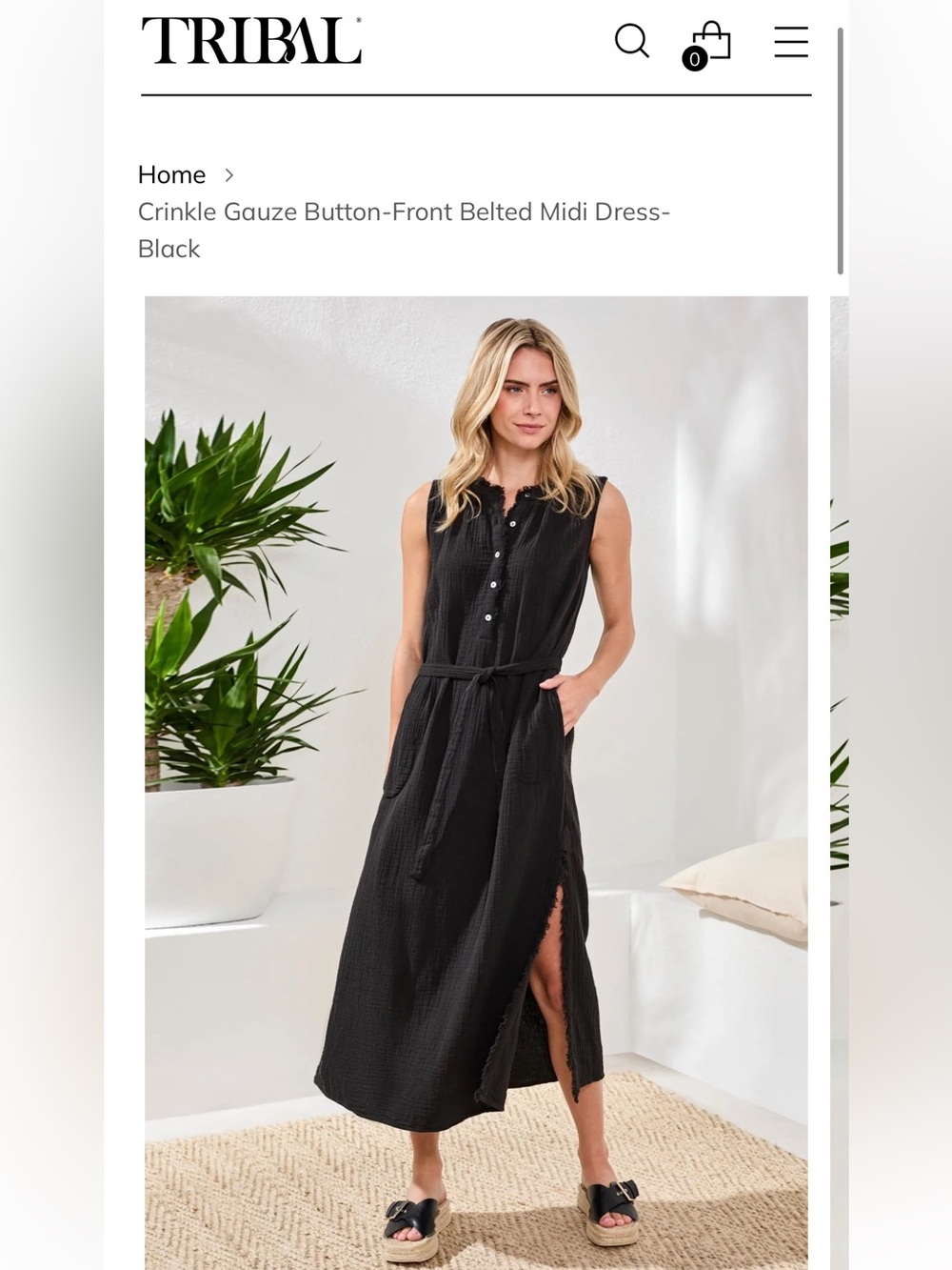Tribal Crinkle Gauze Button‑Front Belted Midi Dress-Black